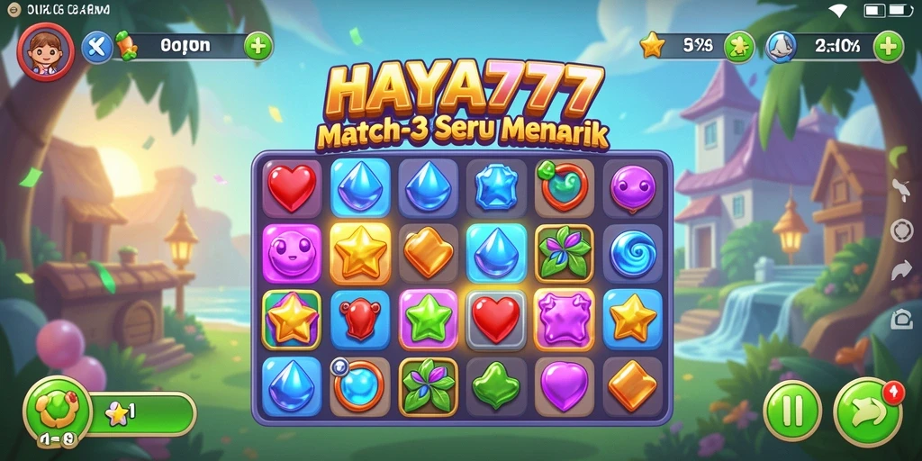 Tampilan gameplay HAYA777 dengan elemen match-3 yang penuh warna.