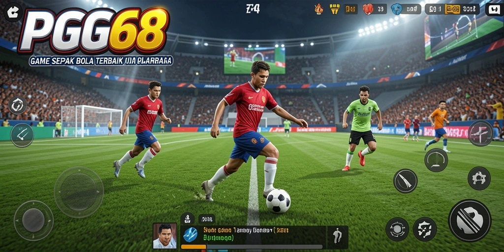 Tangkapan layar permainan PGG68 dengan aksi sepak bola seru.