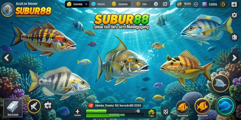 Tampilan gameplay seru SUBUR88 dengan berbagai ikan menanti untuk ditangkap.